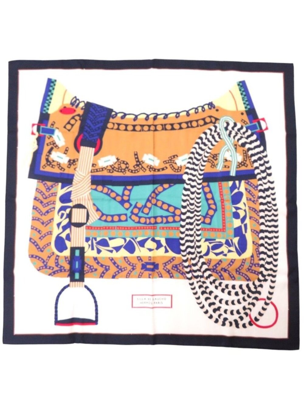 Hermes Carre 90 Silla de Gaucho Saddle Silk White Multicolor Scarf